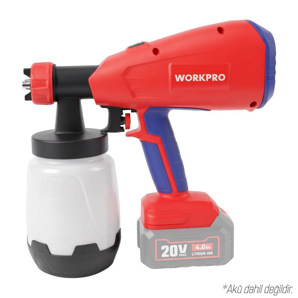 Beyaz hazneli ve gri 20V bataryalı kırmızı ve mavi kablosuz Workpro boya tabancası.