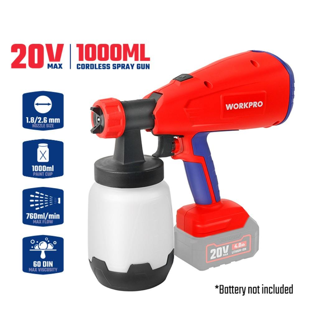 Beyaz arka planda 1000ml hazneli kırmızı ve siyah 20V akülü boya tabancası.