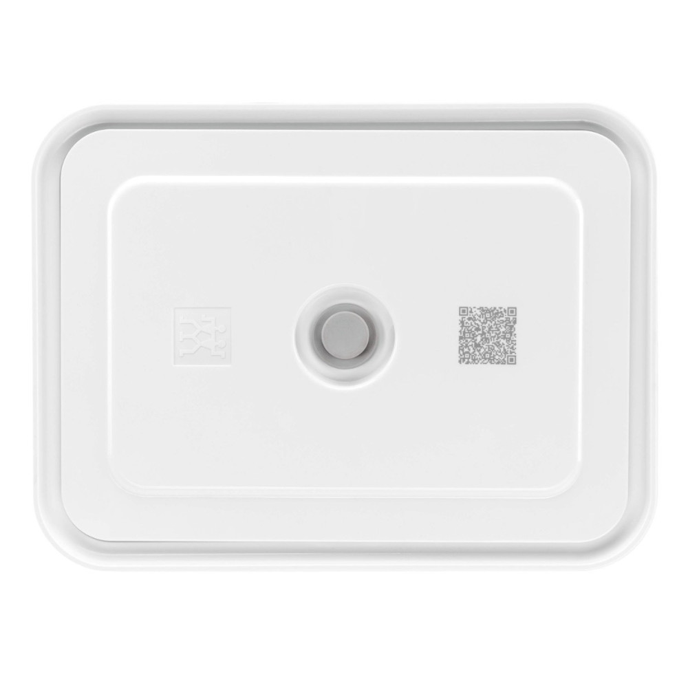 Biała prostokątna pokrywka pojemnika z centralnym szarym zaworem, logo po lewej i kodem QR po prawej.