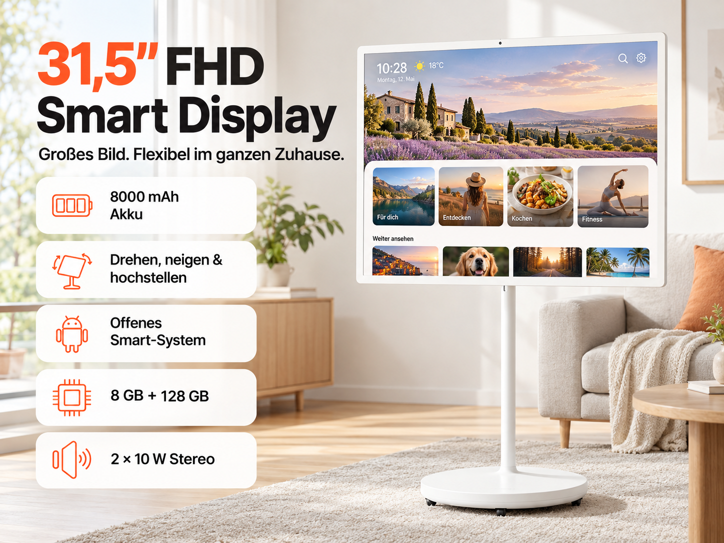 Ein weißes 31,5-Zoll-Smart-Display auf Rollständer mit deutschen Funktionsangaben.