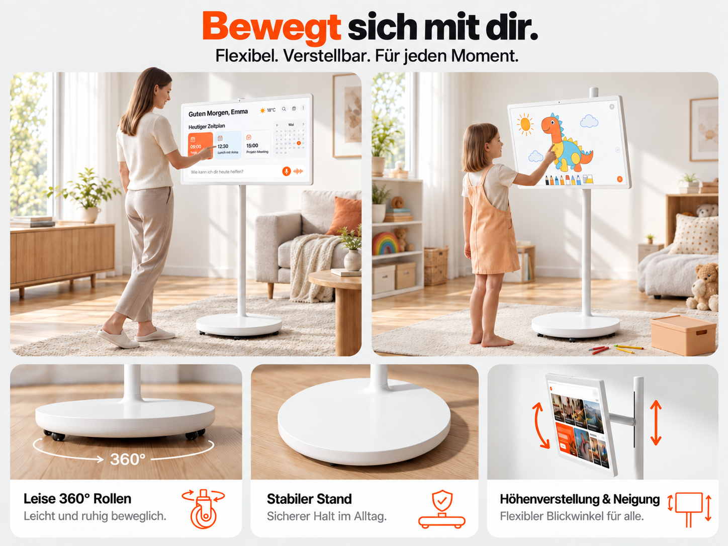Ein mobiler Touchscreen mit weißem Ständer, 360-Grad-Rollen und verstellbarer Höhe, in einem Wohnzimmer verwendet.