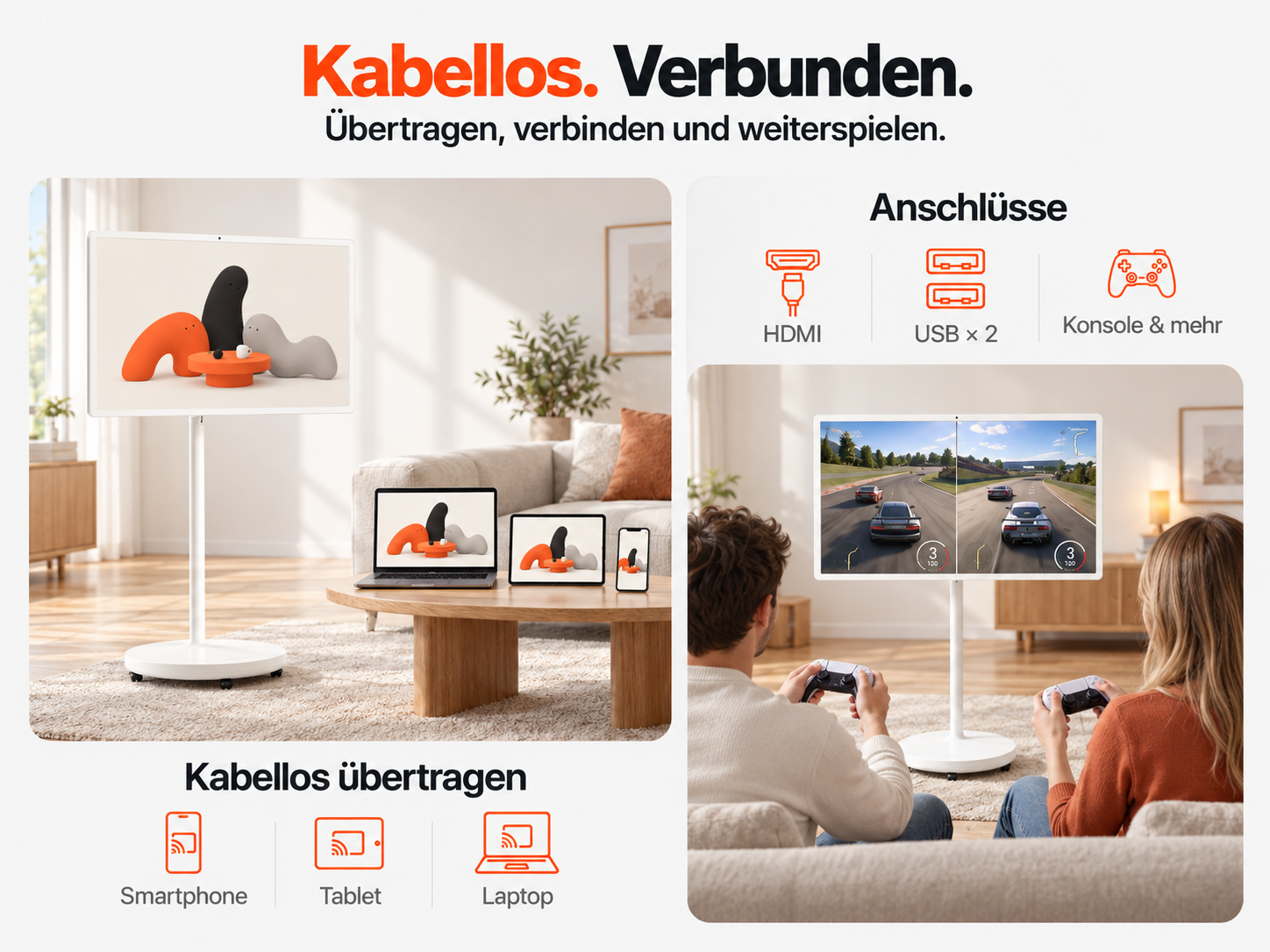Kabellose Bildschirmübertragung von Smartphone, Tablet und Laptop auf ein mobiles Display und Gaming-Ansicht.