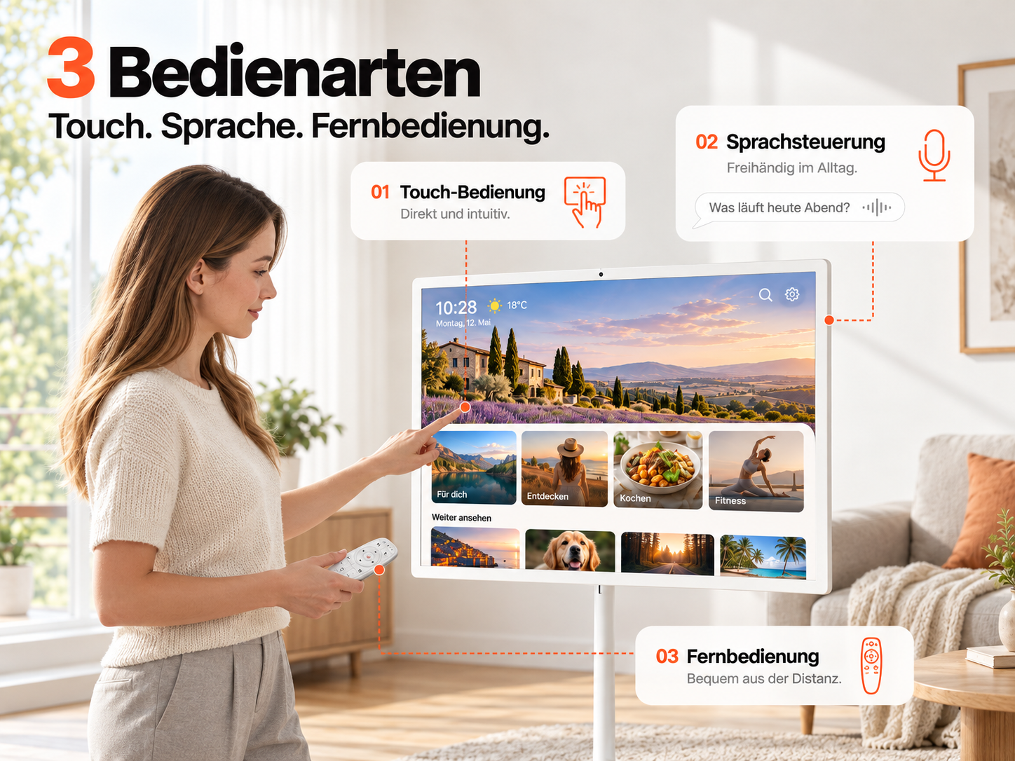 Frau bedient einen Smart-Bildschirm per Touch, Sprache und Fernbedienung.
