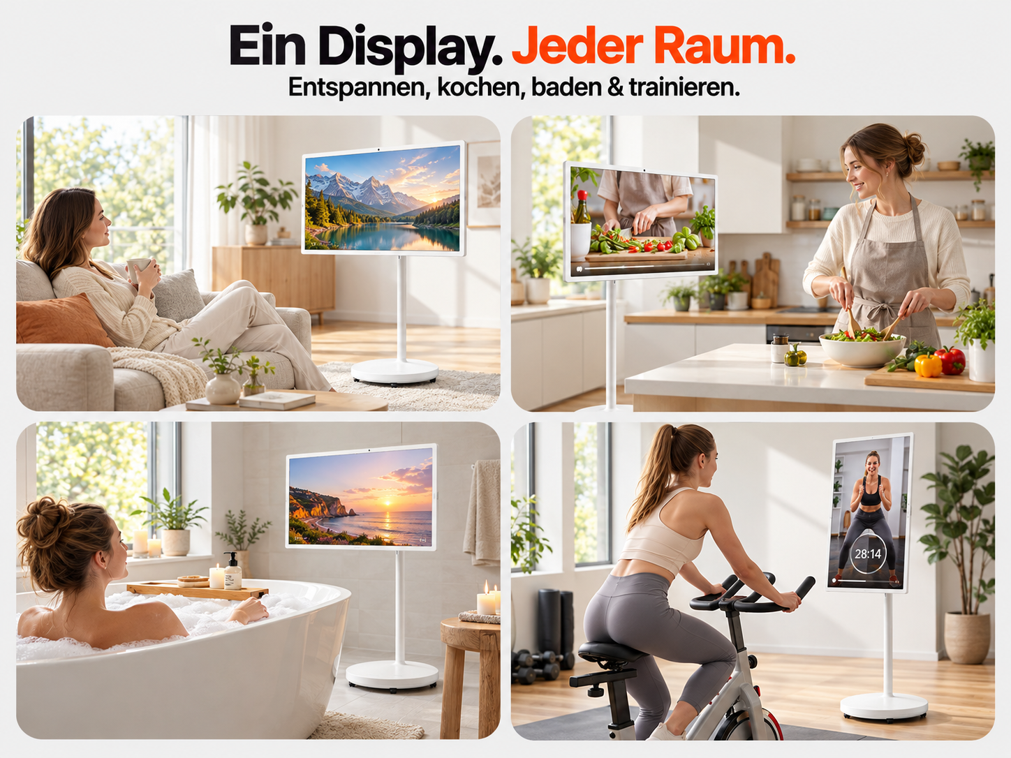 Ein mobiles Display in verschiedenen Räumen wie Wohnzimmer, Küche, Bad und beim Sport.