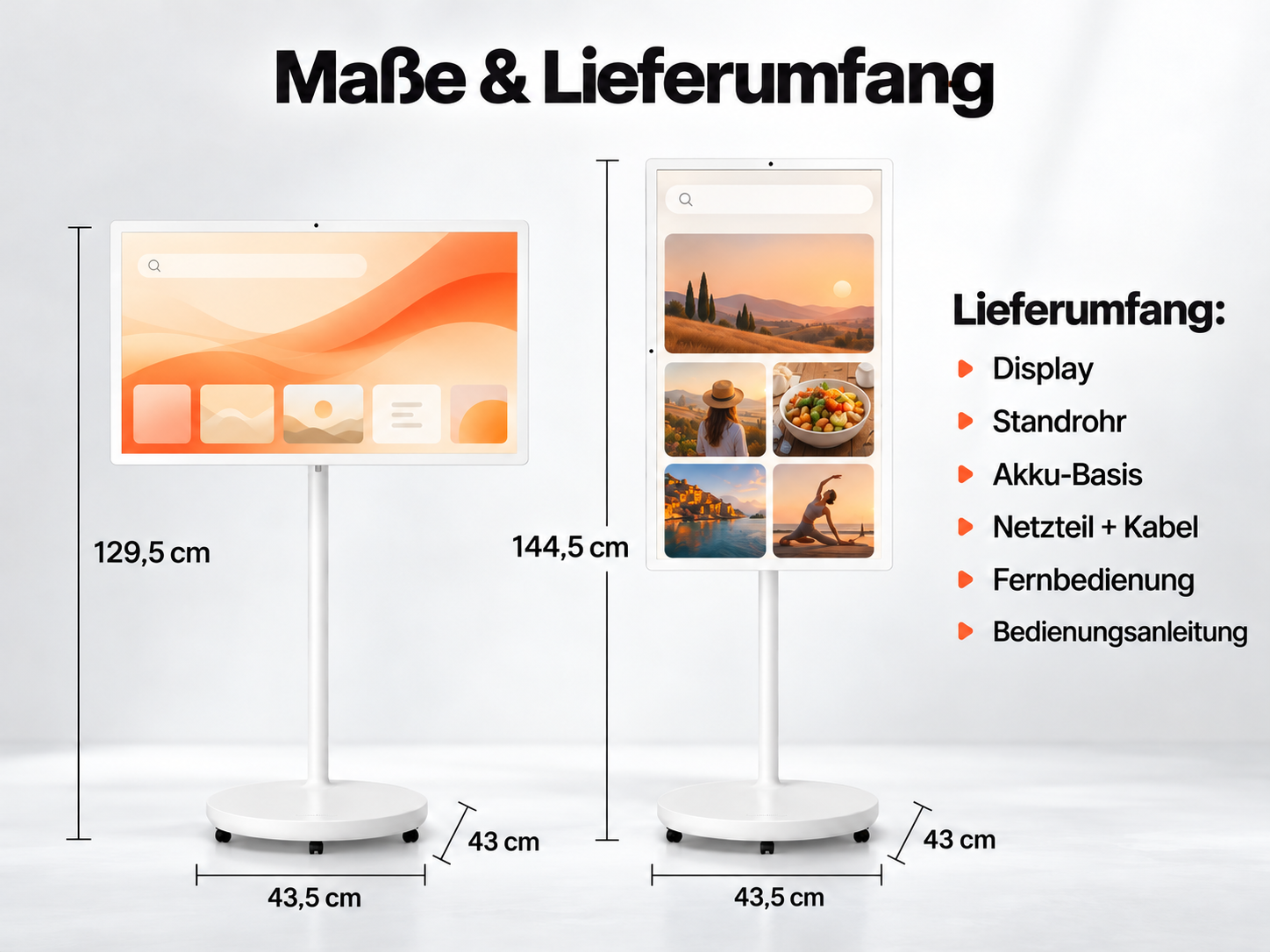Diagramm zeigt Abmessungen und Lieferumfang eines mobilen Smart-Displays mit Ständer.