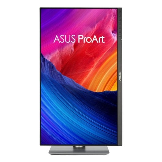 Dikey konumdaki bir ASUS ProArt monitör, renkli soyut bir görüntü gösteriyor.