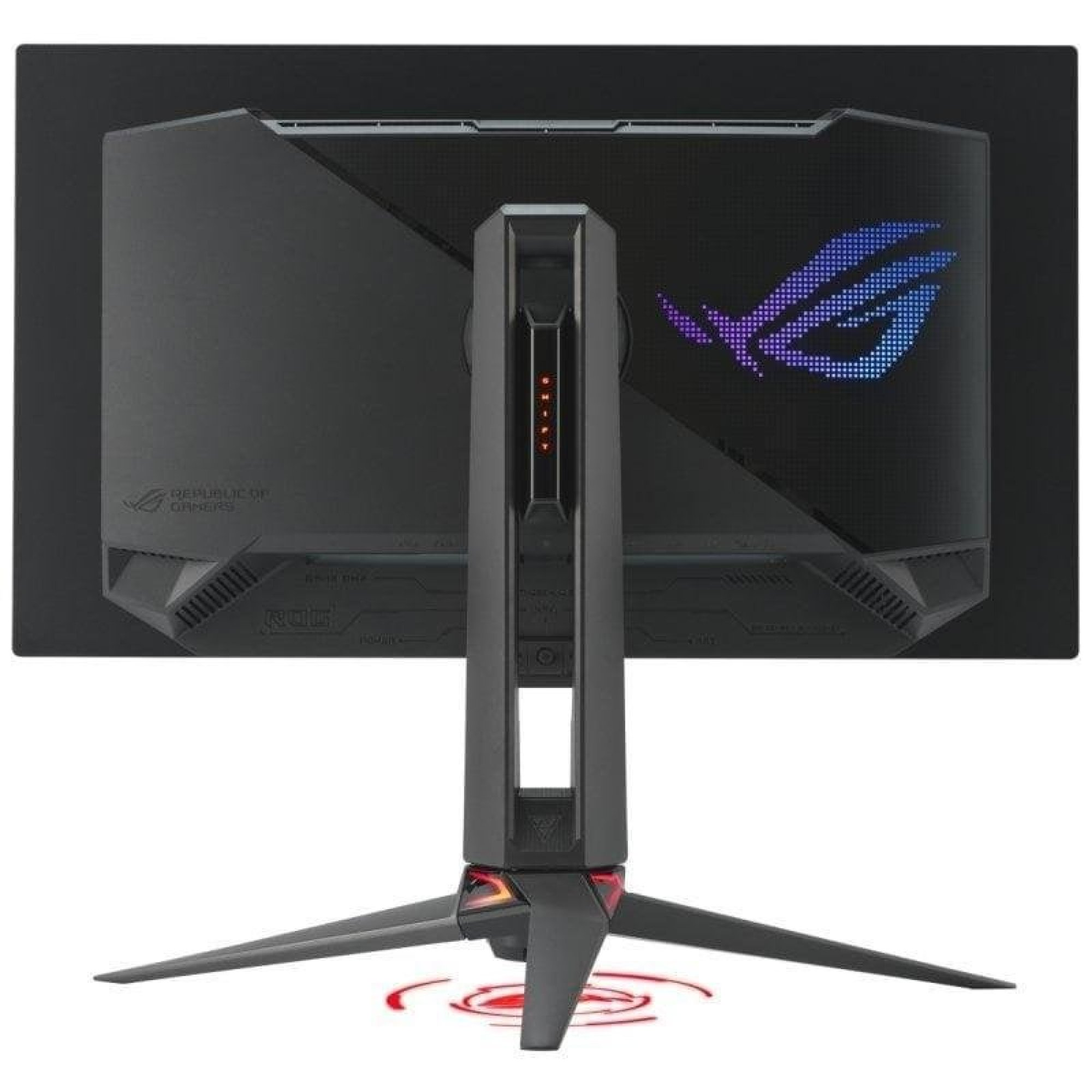 Rückansicht eines schwarzen Gaming-Monitors mit blauem ROG-Logo und stabilem Dreifuß-Ständer auf weißem Hintergrund.