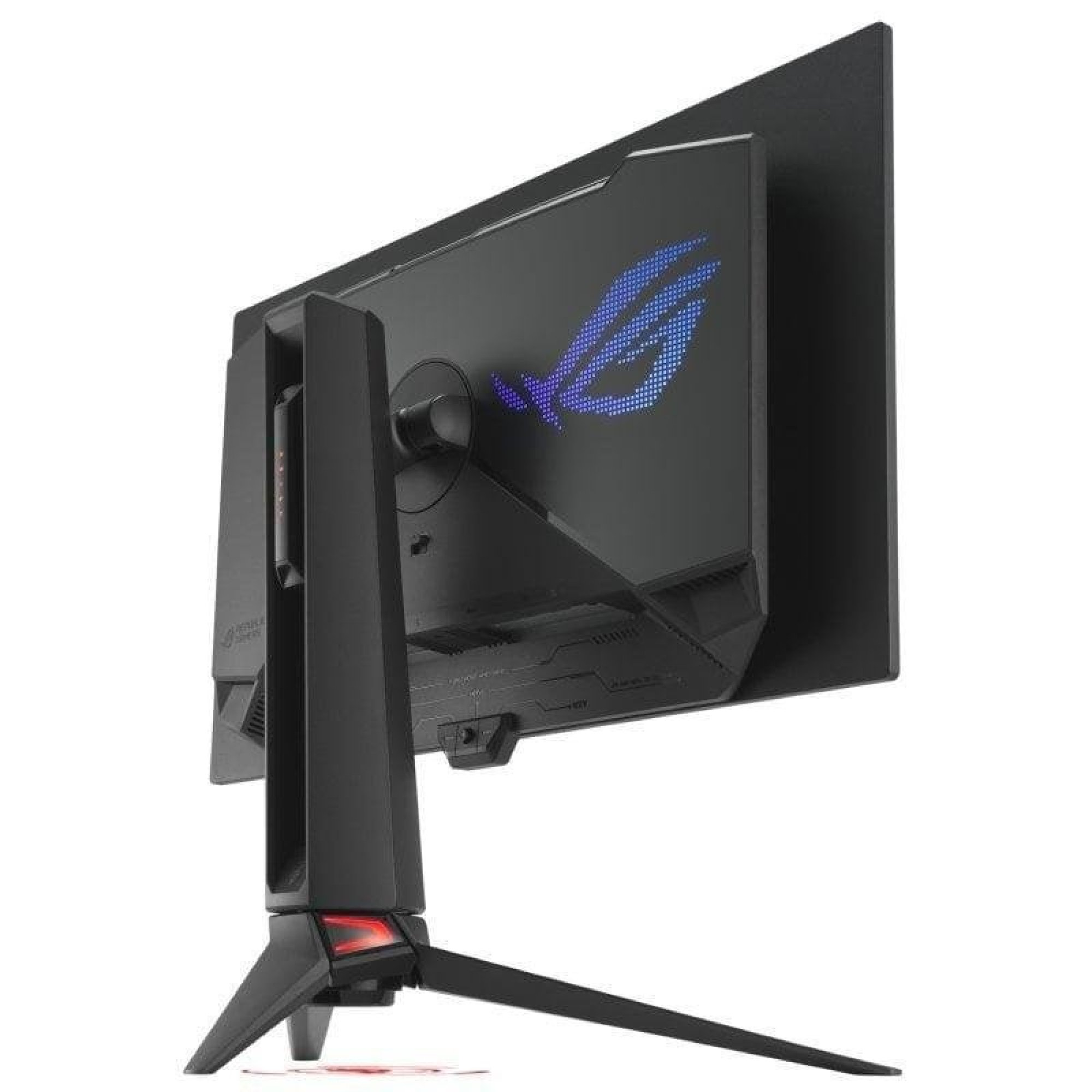 Rückseite eines schwarzen ROG Gaming-Monitors mit blauem leuchtendem Logo und einem dreibeinigen Standfuß.