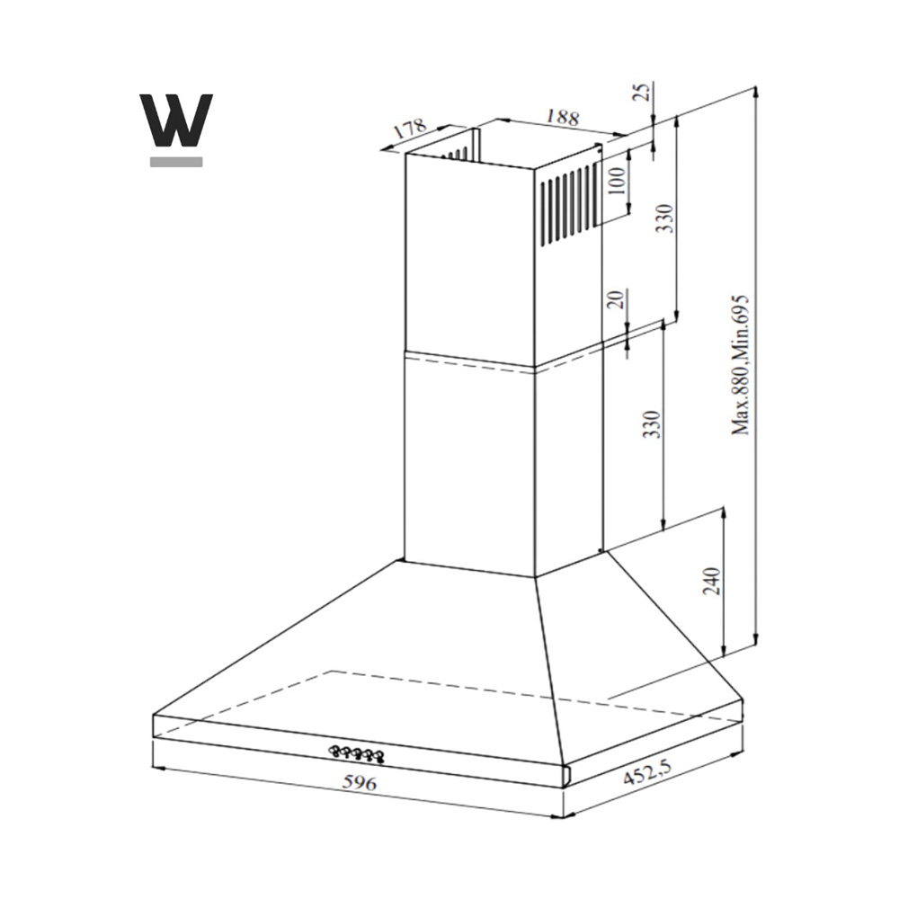 Technical drawing of a kitchen extractor hood with dimensions in millimeters.