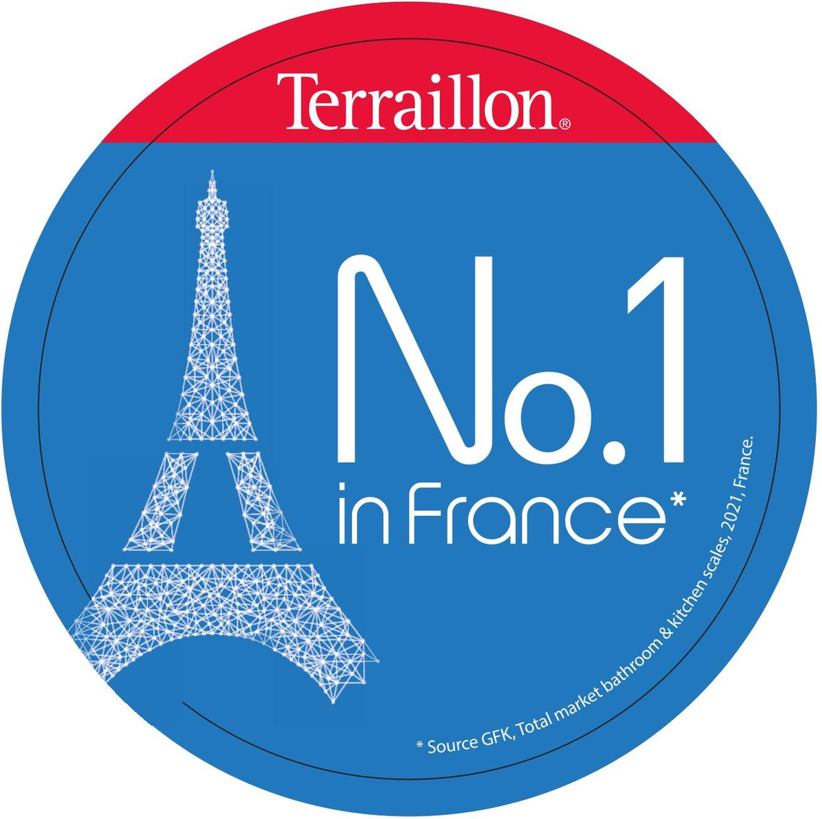 Terraillon Logo: Ein blaues Abzeichen mit Eiffelturm und dem Text 'No.1 in France'.