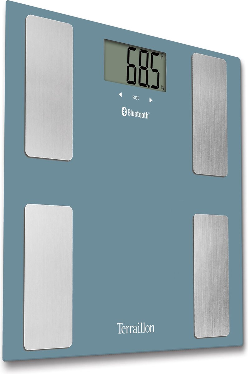Blaue digitale Personenwaage mit vier Edelstahl-Sensoren und Bluetooth-Logo.
