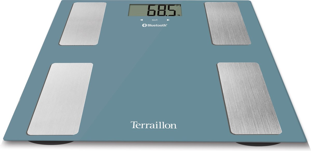 Blaue digitale Personenwaage mit vier silbernen Elektrodenplatten und dem Markennamen Terraillon.