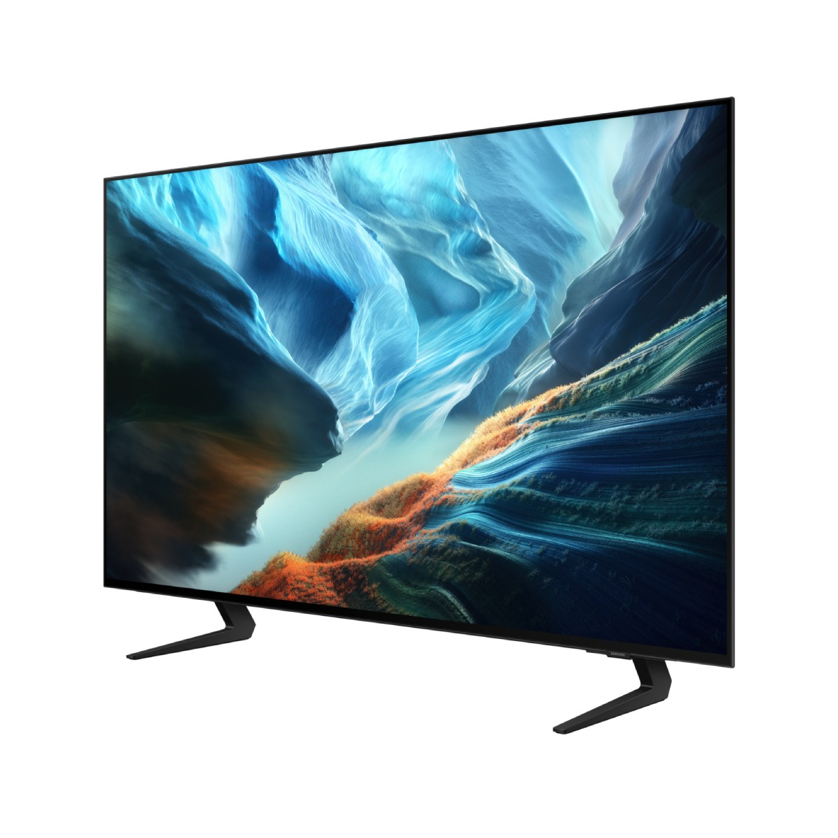 Televisor de pantalla plana con fondo abstracto azul sobre patas negras esbeltas contra fondo blanco.