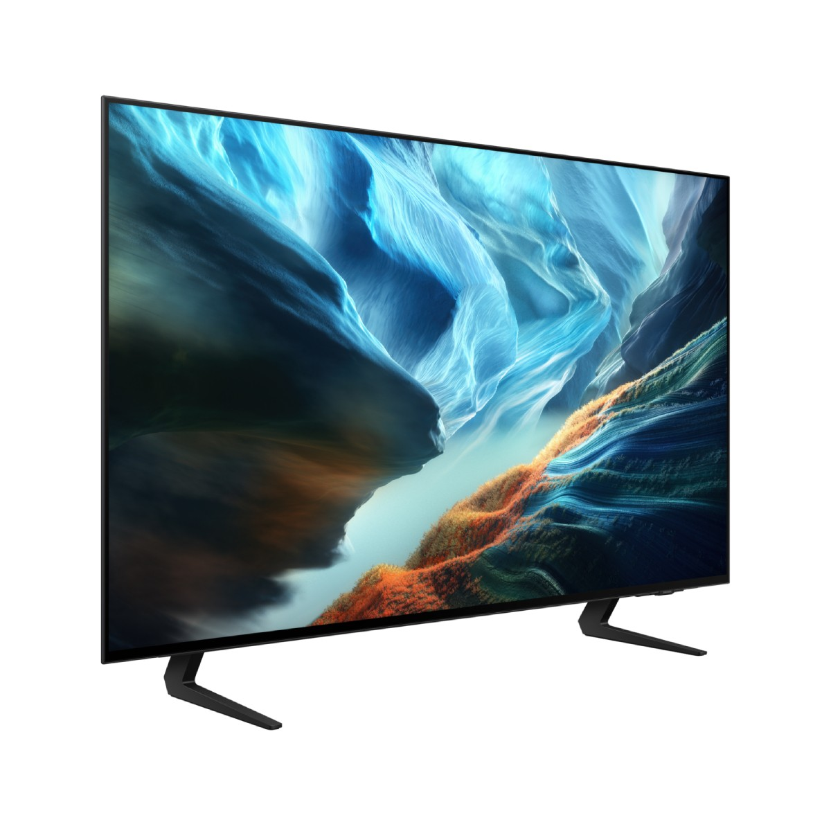 Un televisor elegante con soportes muestra un paisaje abstracto de montañas y nubes azules.
