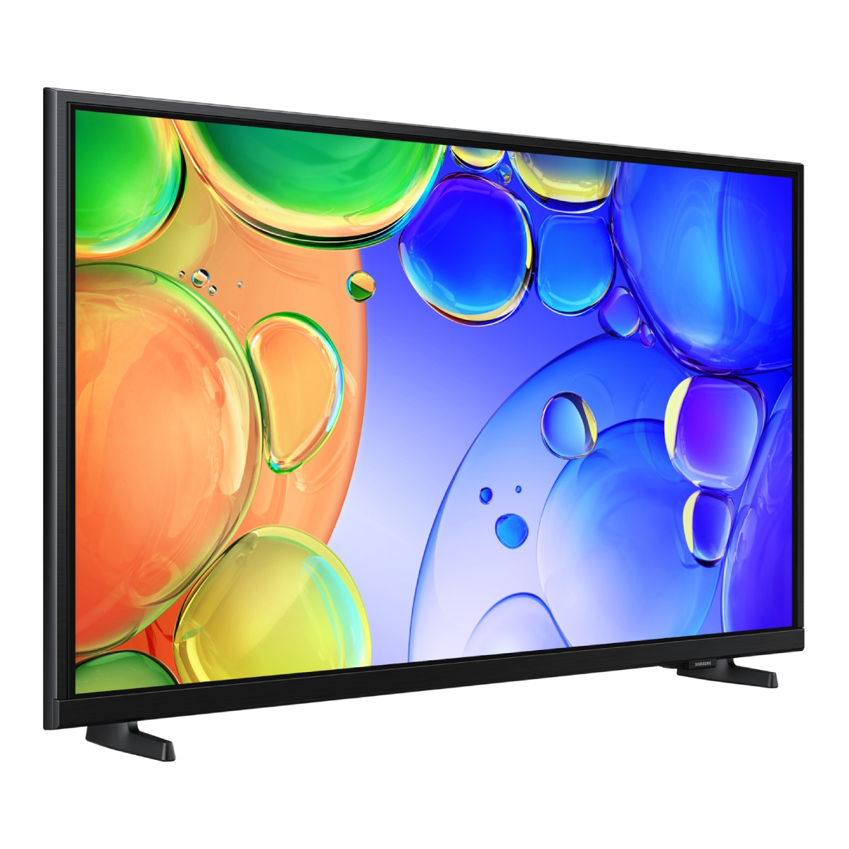 Un televisor de pantalla plana negro sobre fondo blanco muestra un fondo de pantalla abstracto y vibrante de burbujas.