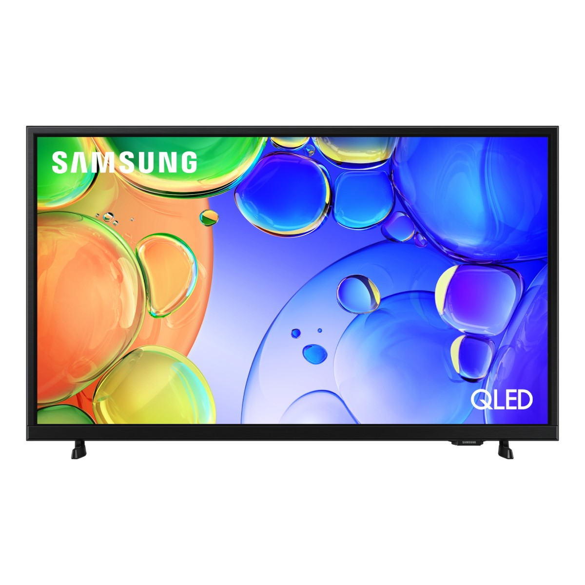 Un televisor Samsung QLED que muestra un fondo abstracto colorido con formas de burbujas azules, naranjas y verdes.