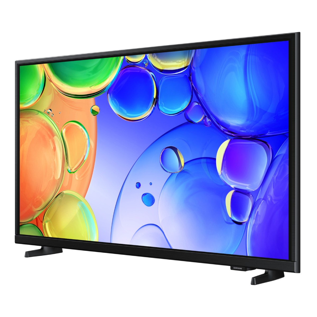 Un televisor negro muestra una pantalla con burbujas abstractas coloridas en azul, verde y naranja.