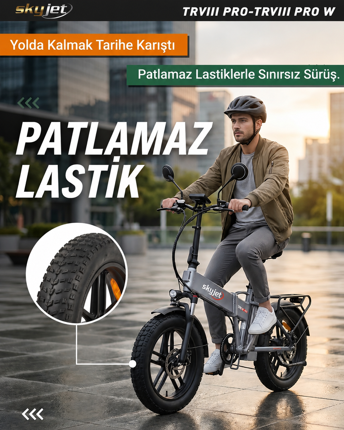 Kasklı bir adam şehirde Skyjet katlanır elektrikli bisiklet sürüyor, lastik detayı inset olarak gösteriliyor.