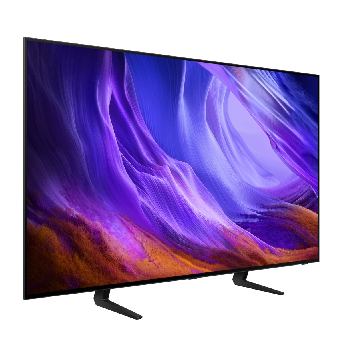 Televisor de pantalla plana con una imagen abstracta de ondas en tonos morados y naranjas.