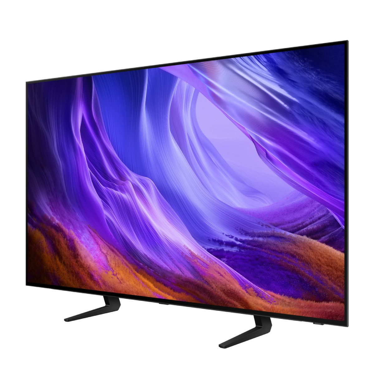 Un televisor de pantalla plana moderno sobre fondo blanco, con un paisaje abstracto morado y naranja.
