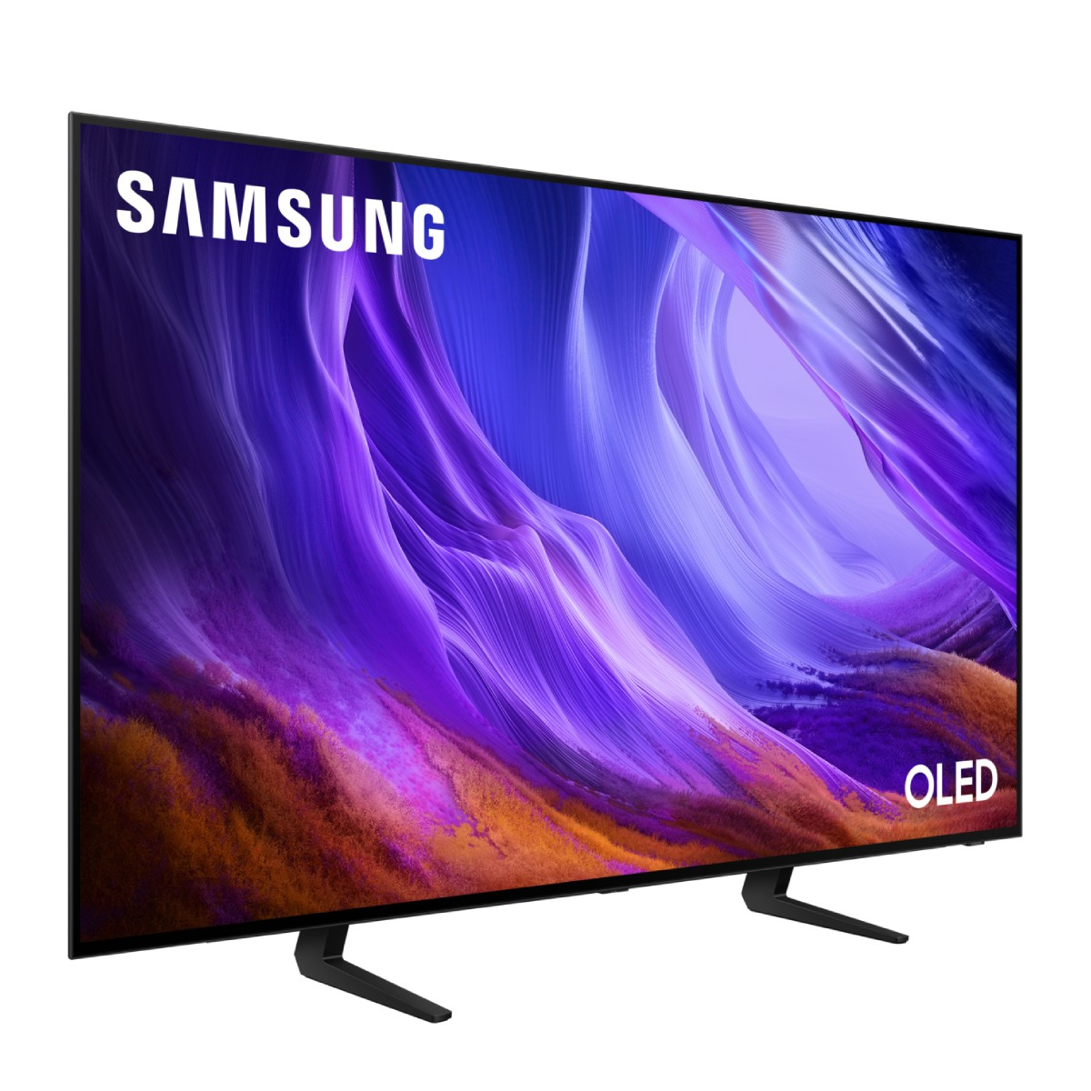 Un televisor Samsung OLED que muestra una imagen abstracta morada sobre fondo blanco.