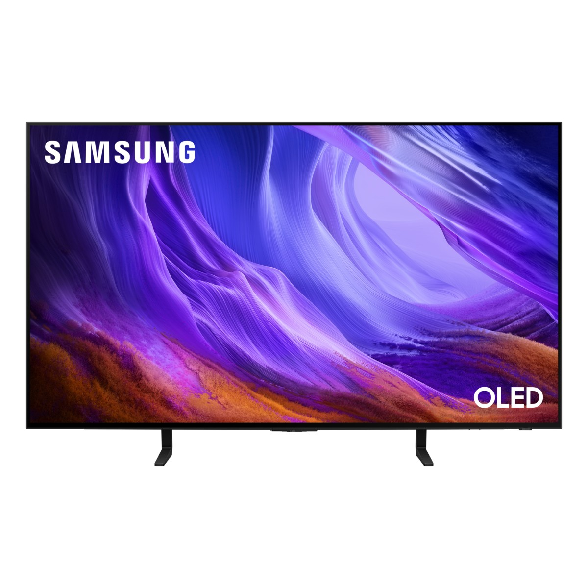 Un televisor OLED de Samsung con marco negro muestra un fondo de pantalla abstracto en tonos morados y naranjas.