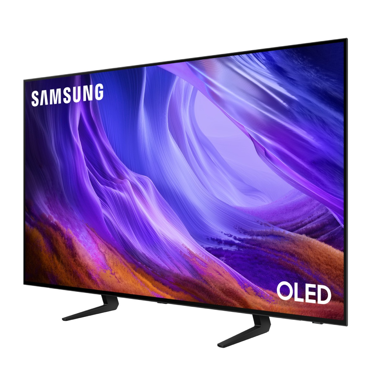 Televisor Samsung OLED con marco delgado y pantalla abstracta colorida sobre patas de soporte negras.