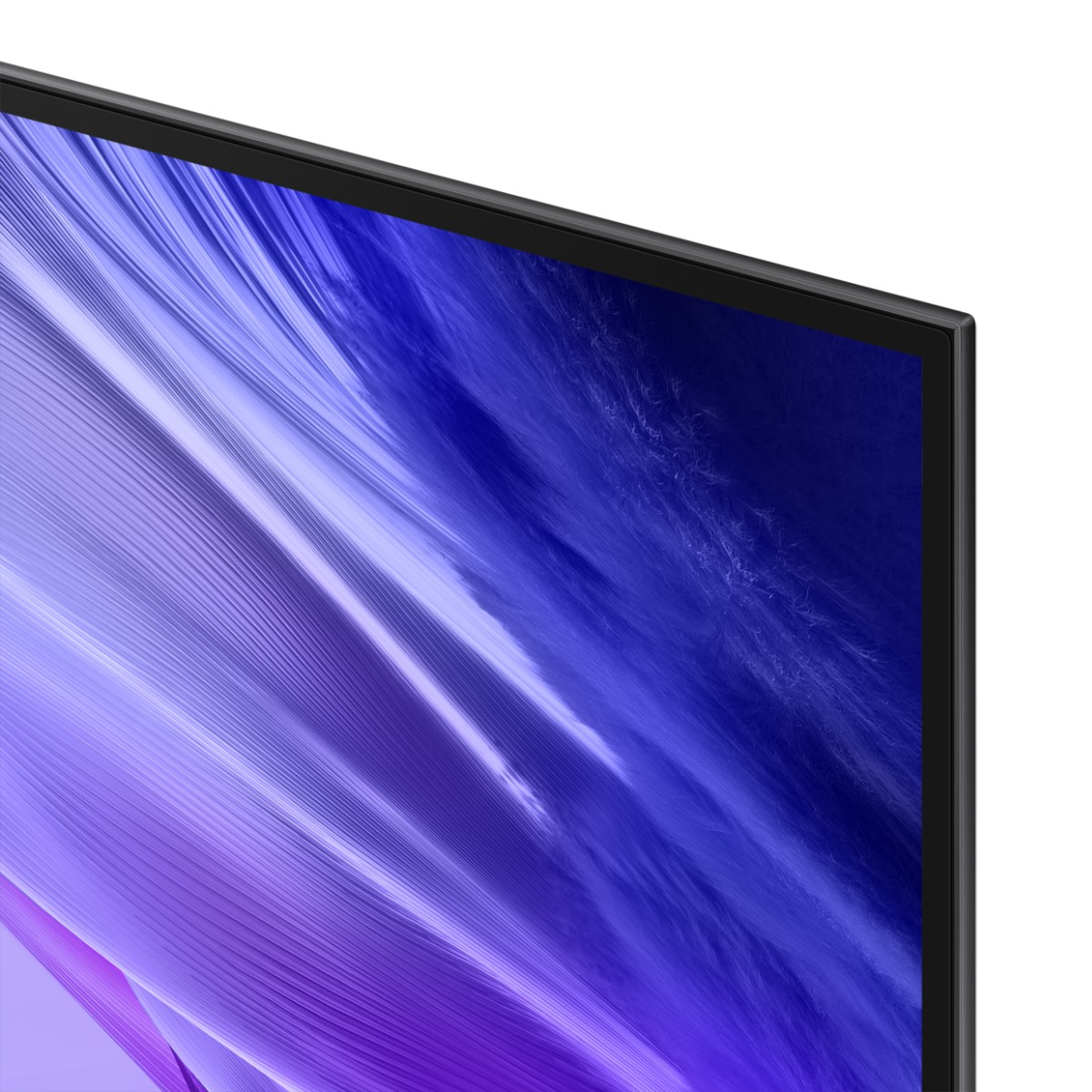 Primer plano de la esquina superior derecha de un televisor con un patrón abstracto azul y morado en la pantalla.