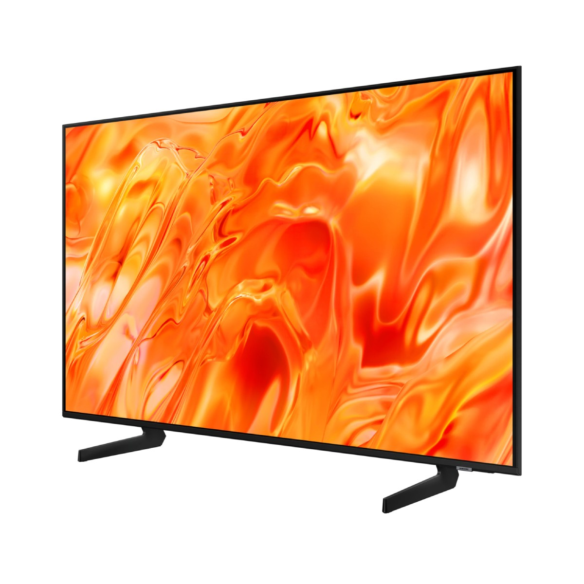 Un televisor negro sobre soportes pequeños muestra un patrón de ondas abstracto naranja y rojo.