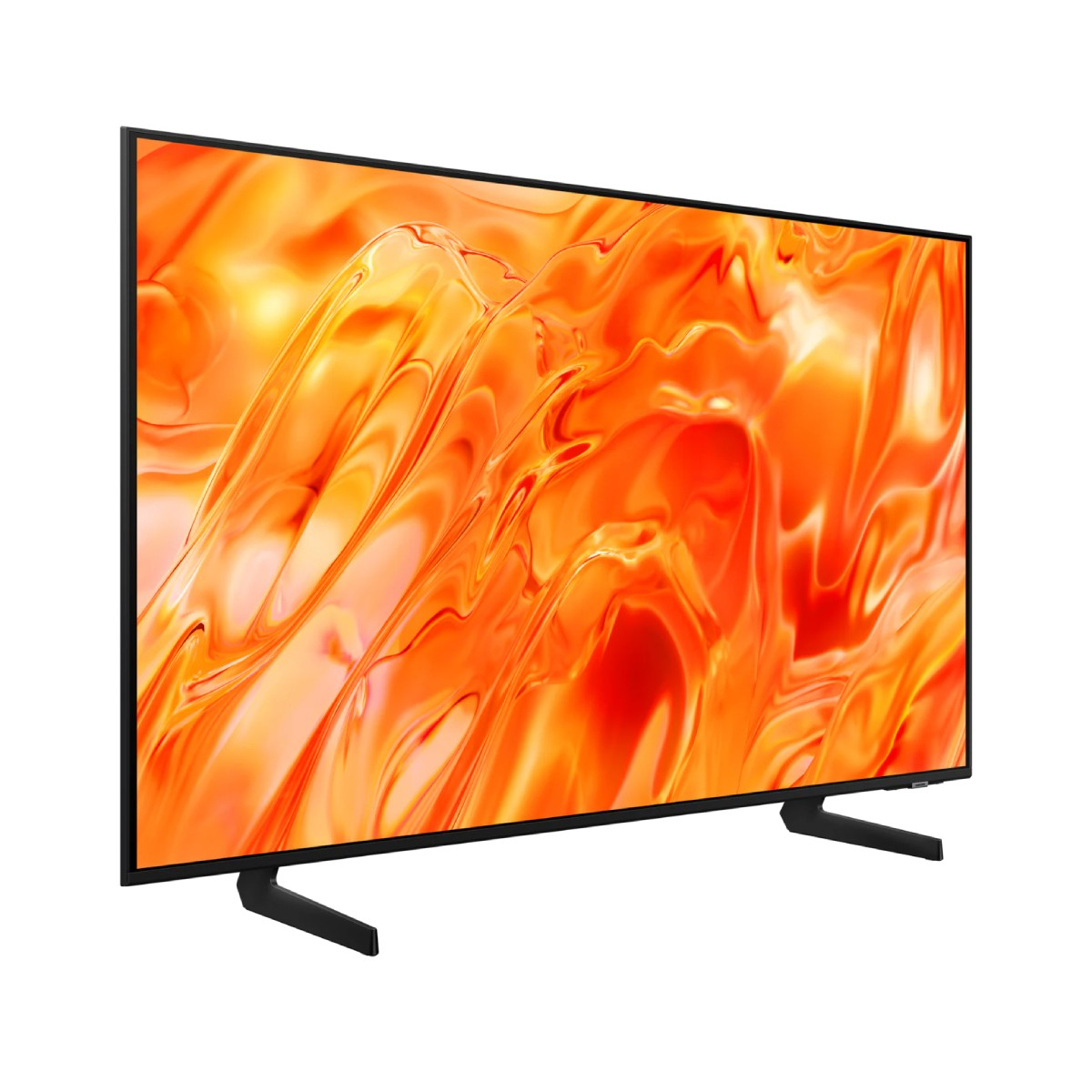 Un televisor de pantalla plana moderno muestra un fondo de pantalla abstracto naranja vibrante.