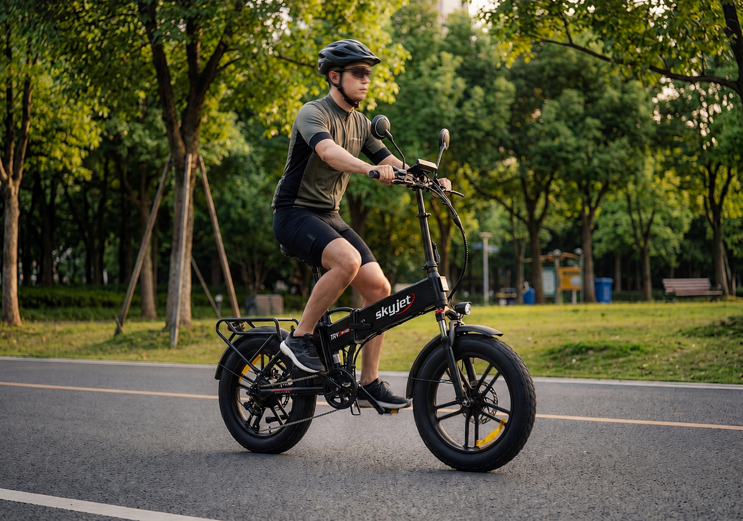 Kask ve spor kıyafetli bir adam park yolunda siyah elektrikli bisiklet sürüyor.