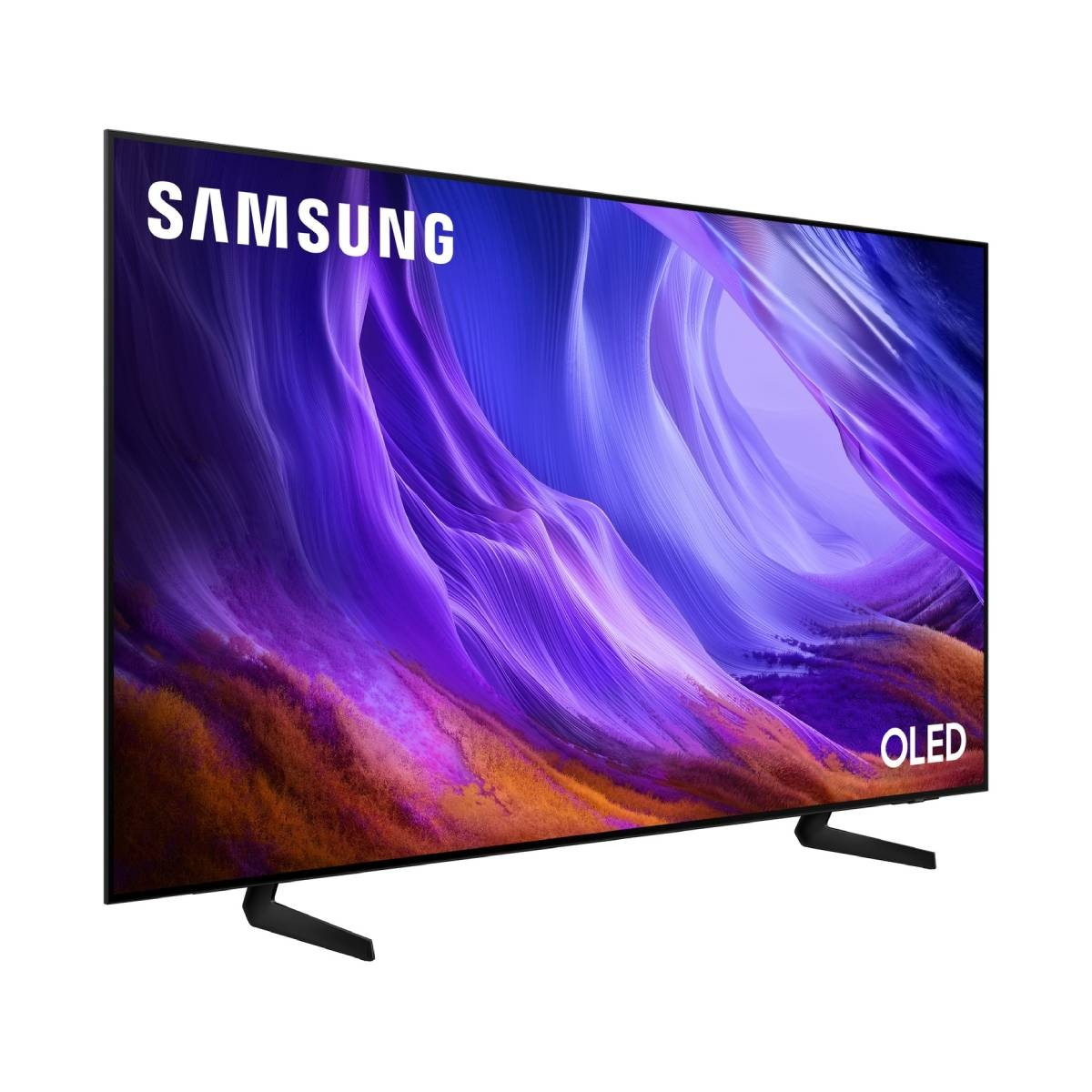 Un televisor OLED de Samsung muestra una imagen abstracta morada y azul sobre fondo blanco.
