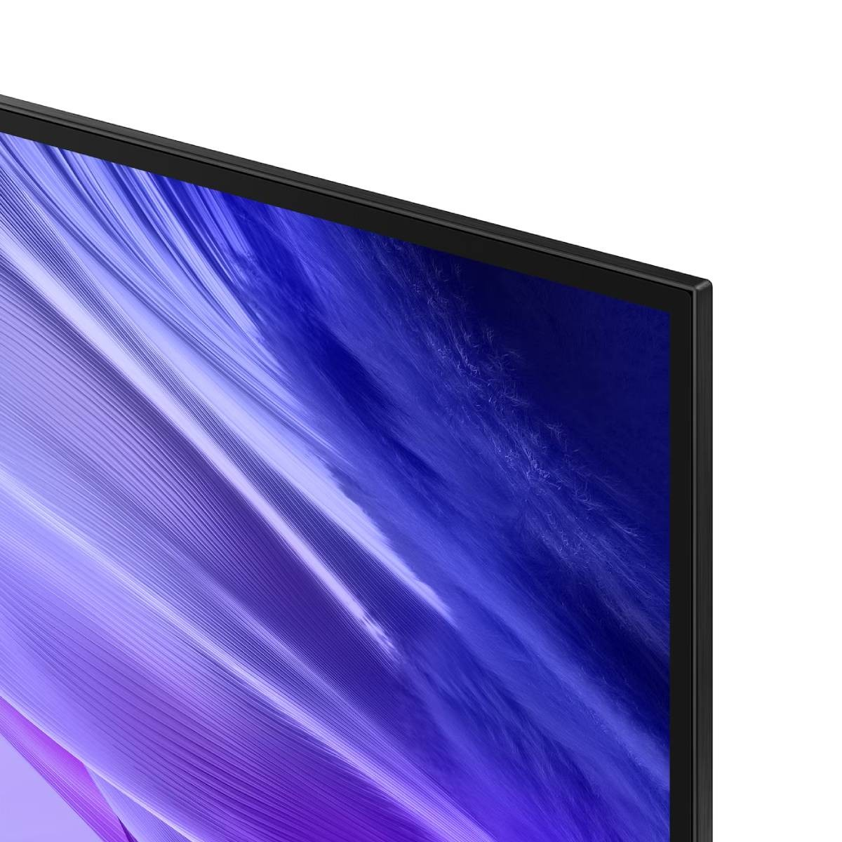 Primer plano de la esquina superior derecha de un televisor moderno con un fondo de pantalla abstracto azul y morado.