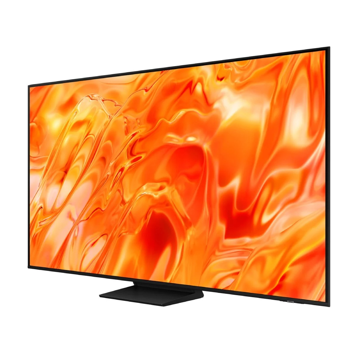 Un televisor negro delgado con un patrón abstracto naranja vibrante en la pantalla, sobre un soporte.