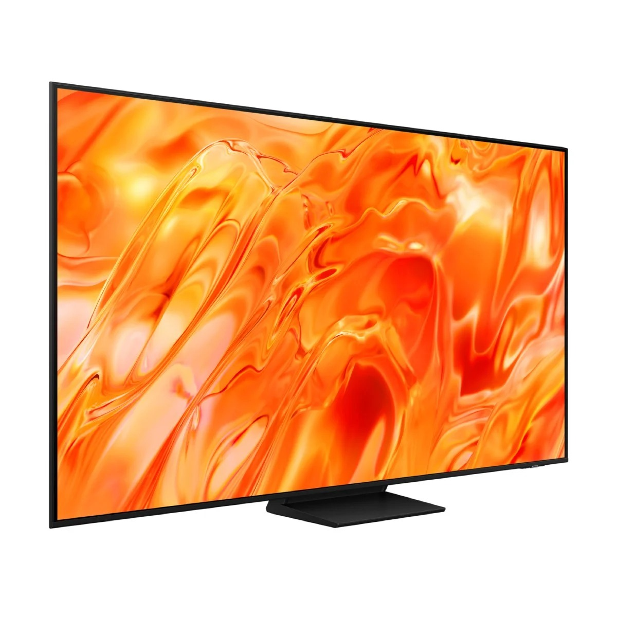 Un televisor de pantalla plana que muestra un patrón abstracto y vibrante naranja y rojo sobre fondo blanco.