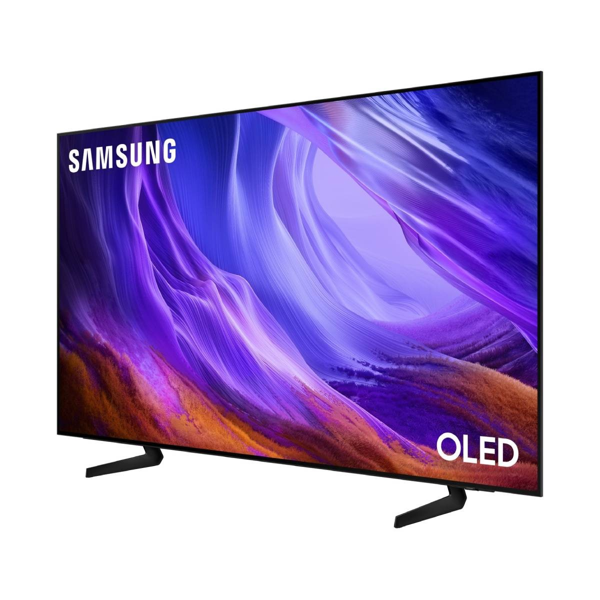 Un televisor OLED de Samsung muestra un patrón abstracto morado y azul en su pantalla.