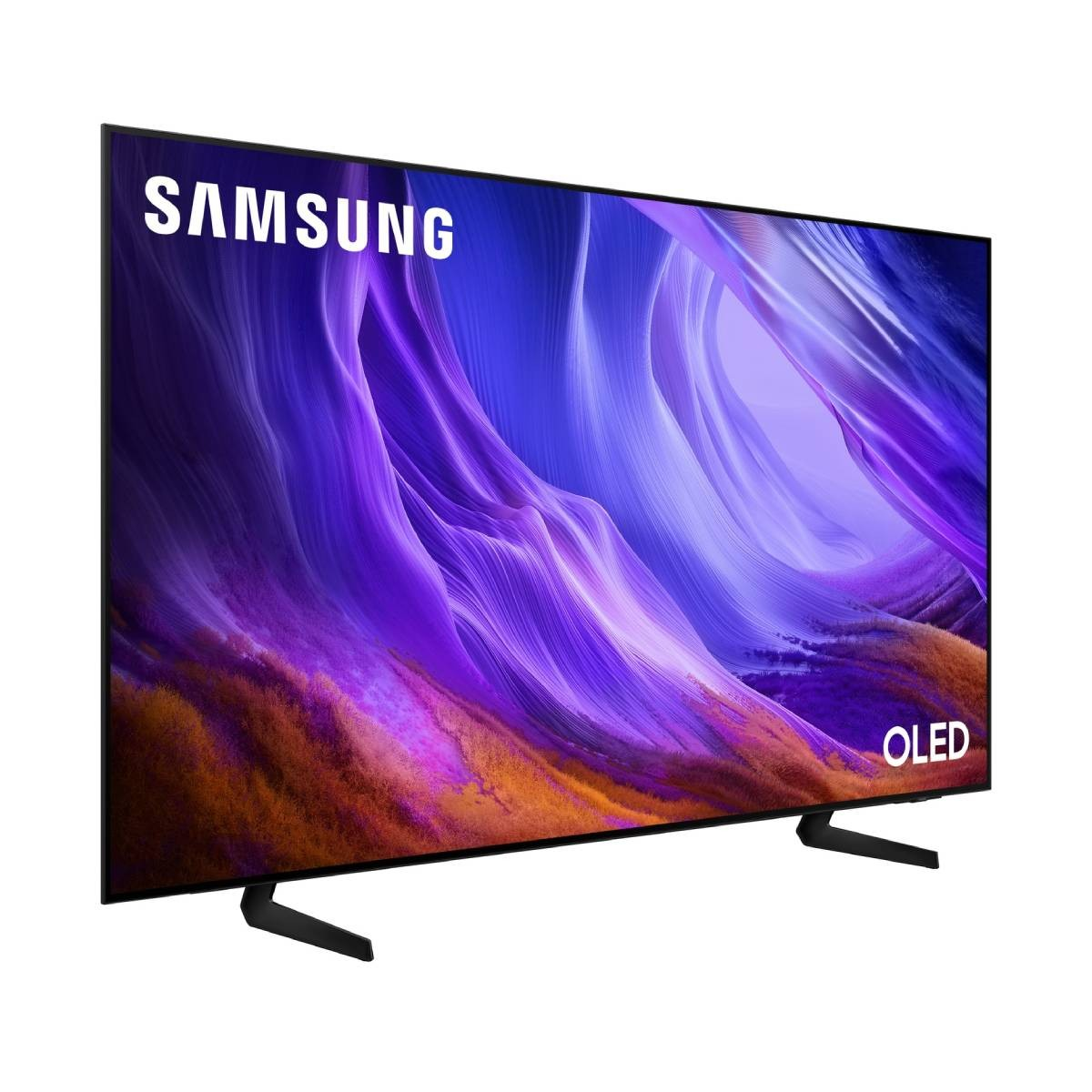 Un televisor Samsung OLED muestra una imagen abstracta en púrpura y azul en la pantalla.