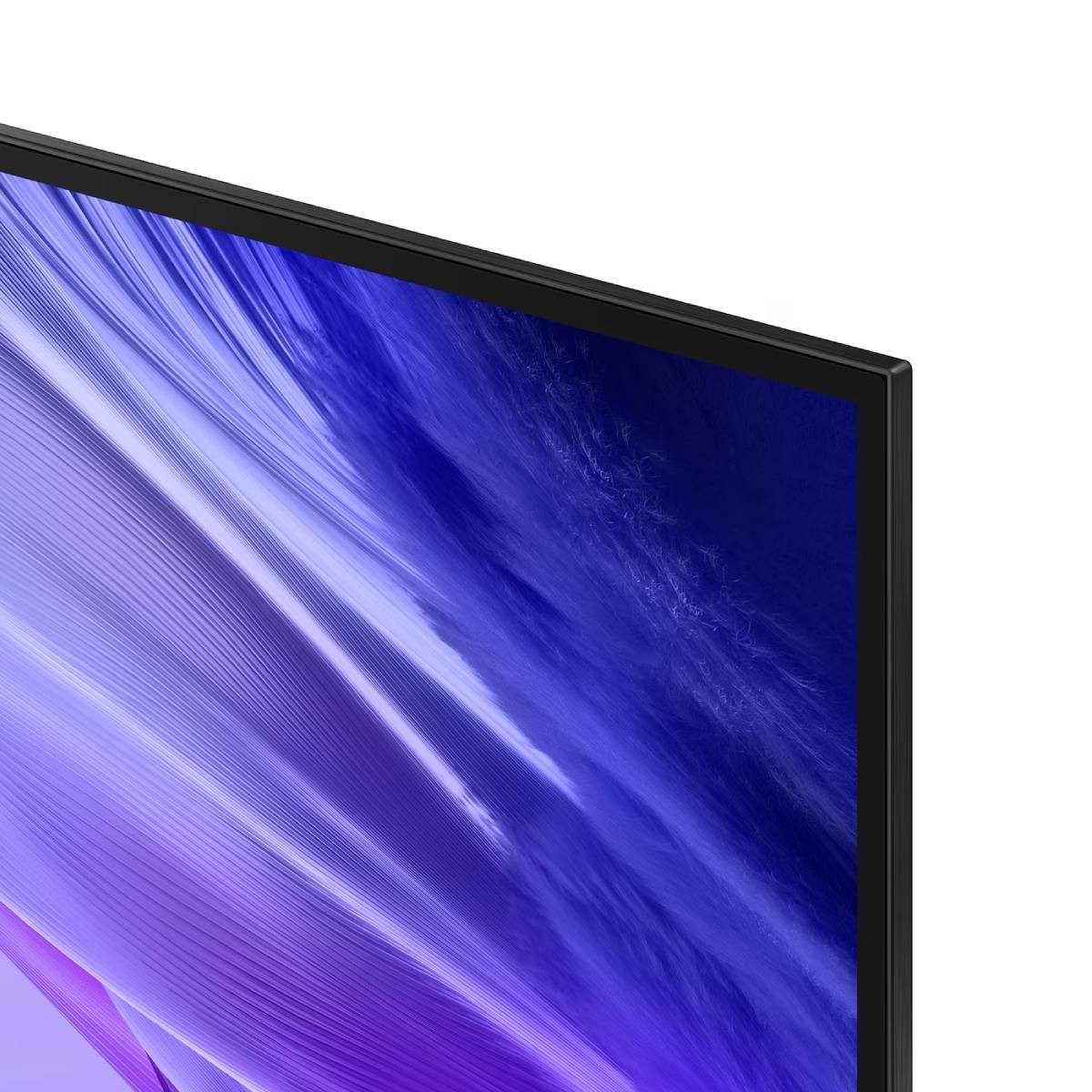 Primer plano de la esquina superior derecha de un televisor moderno que muestra un patrón abstracto azul.
