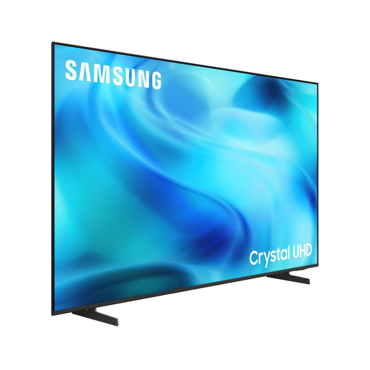 Televisor Samsung Crystal UHD con pantalla azul sobre fondo blanco.