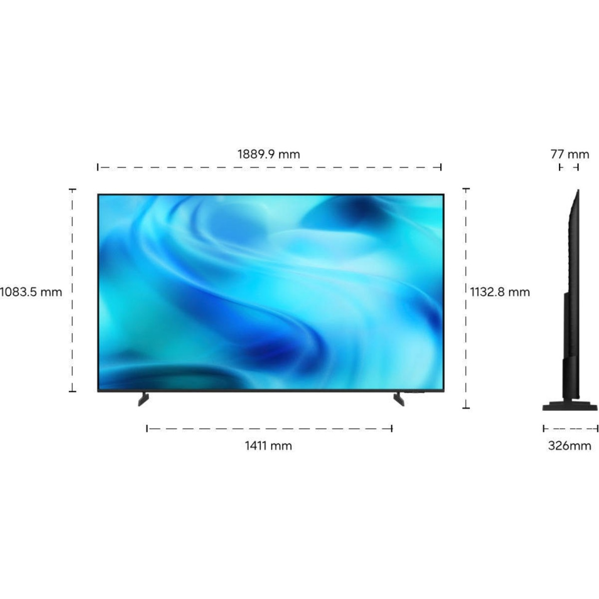 Dibujo técnico de un televisor de pantalla plana con dimensiones en milímetros para altura, ancho y profundidad sobre fondo blanco.