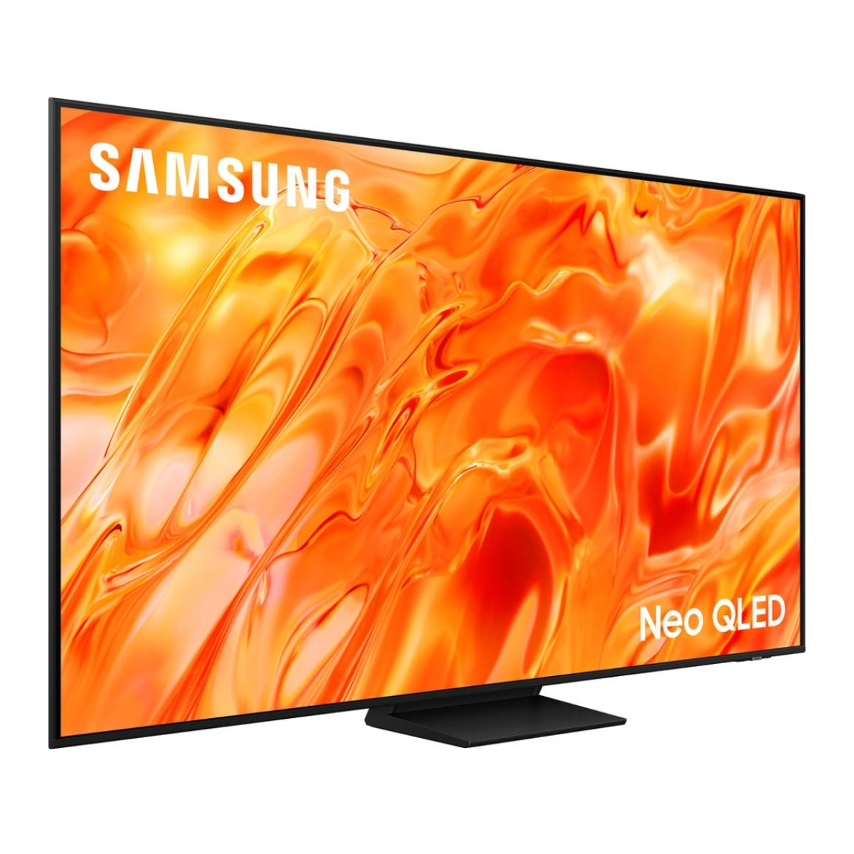 Un televisor Samsung Neo QLED con marco negro y una imagen abstracta naranja en la pantalla.