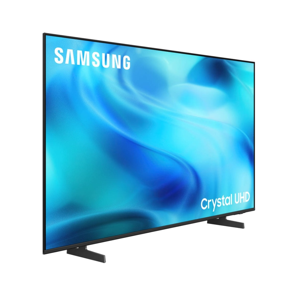 Un televisor Samsung Crystal UHD en ángulo sobre fondo blanco con un fondo abstracto azul.