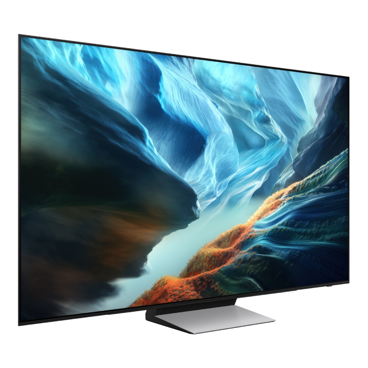 Un televisor moderno con marco negro muestra un paisaje abstracto azul y naranja.