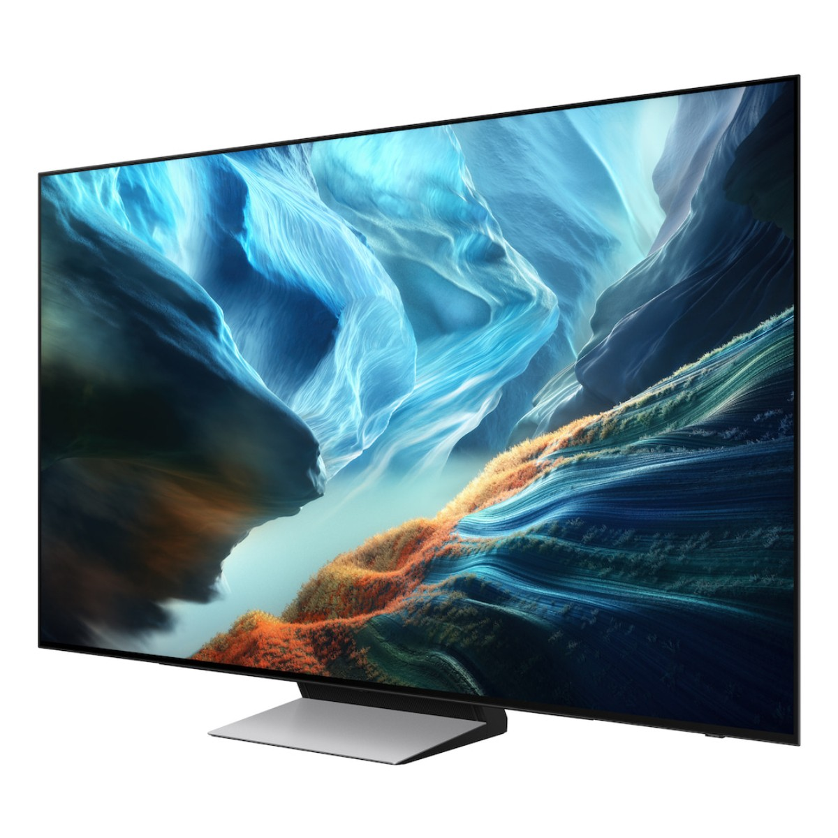 Un televisor delgado en un soporte muestra un paisaje abstracto azul y naranja.
