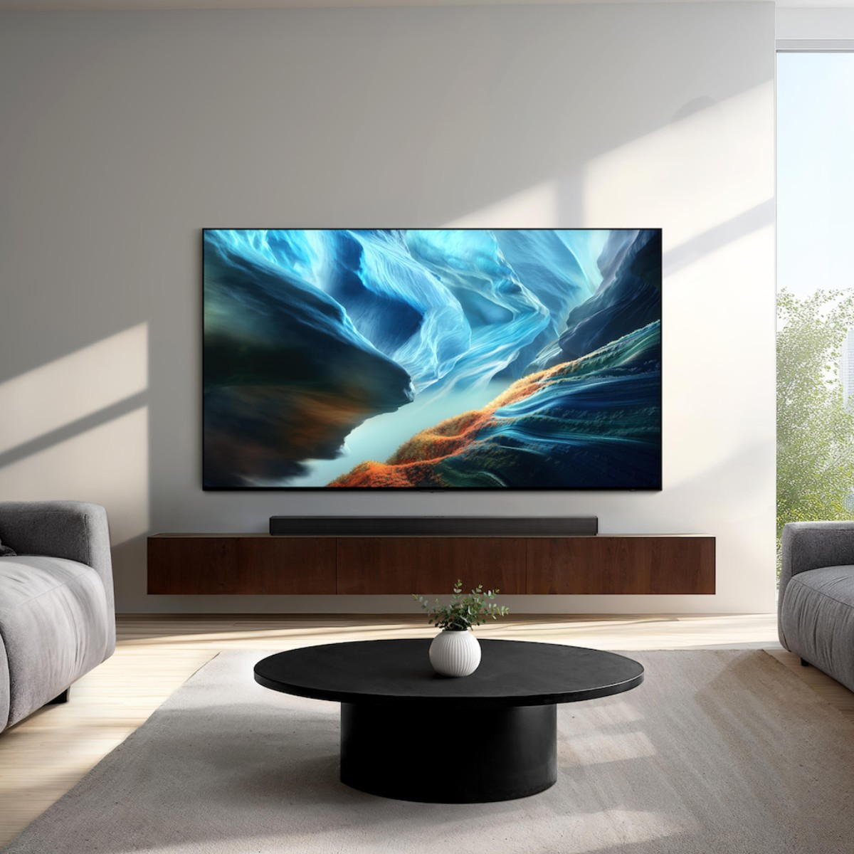 Sala con gran TV, barra de sonido en la pared, mesa de centro negra y sofás grises.