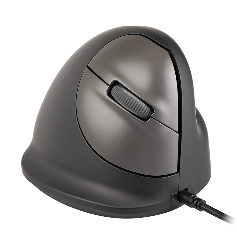 A gray ergonomic vertical mouse with a scroll wheel and cable against a black background.