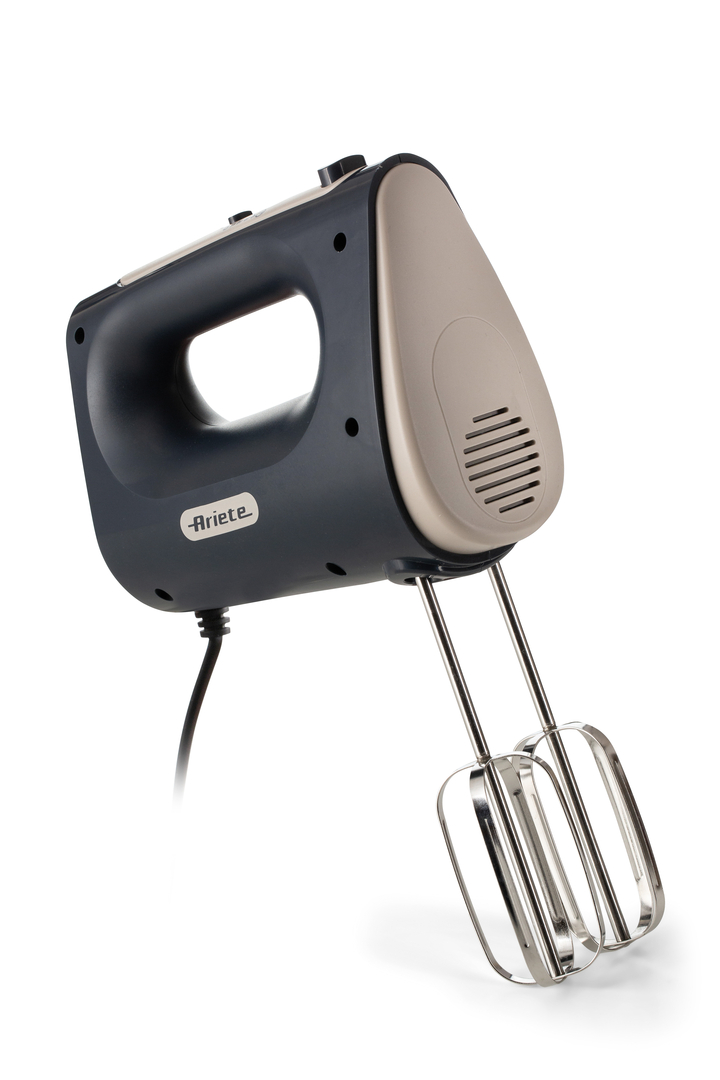 A grey and beige Ariete hand mixer with two silver beaters and a power cord, set against a white background.