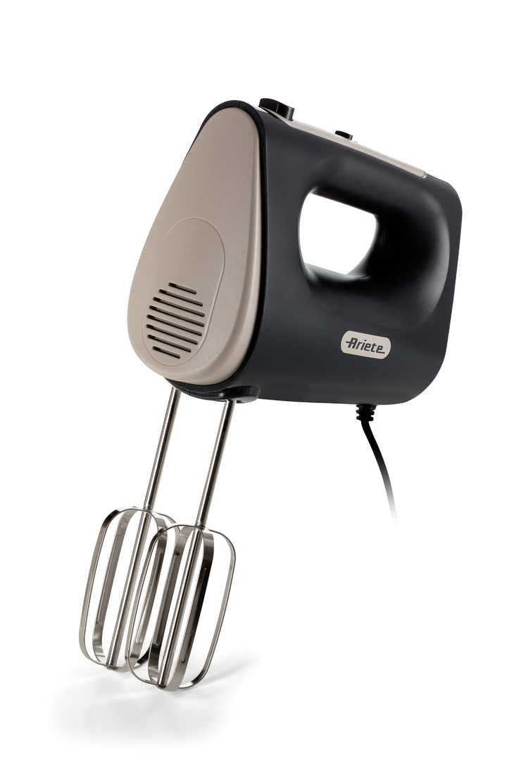 A black and beige Ariete hand mixer with two stainless steel beaters on a white background.