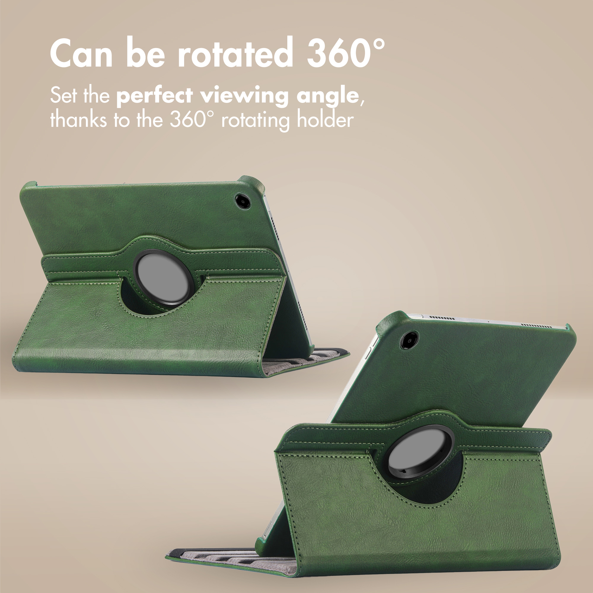 Two green tablet cases with 360-degree rotation and stand on a beige background.