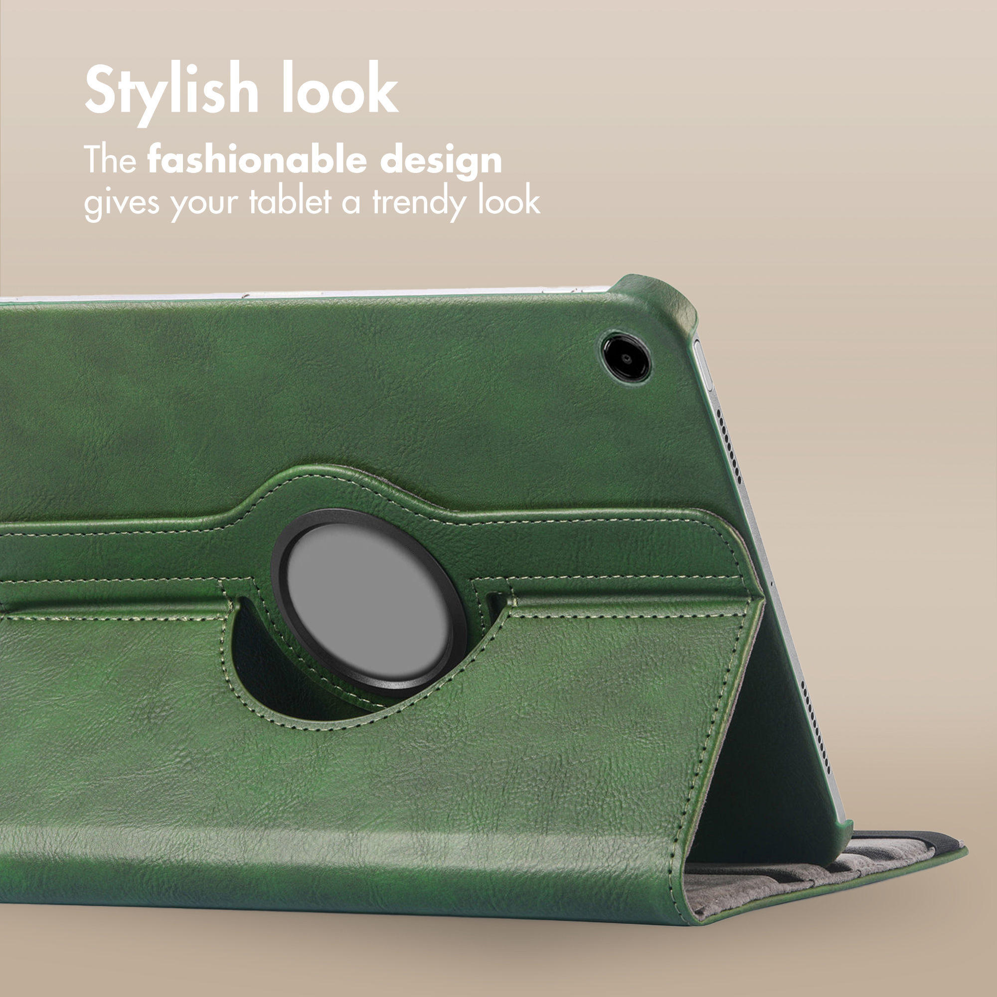 A green leather-look tablet case with an integrated round stand and text above.
